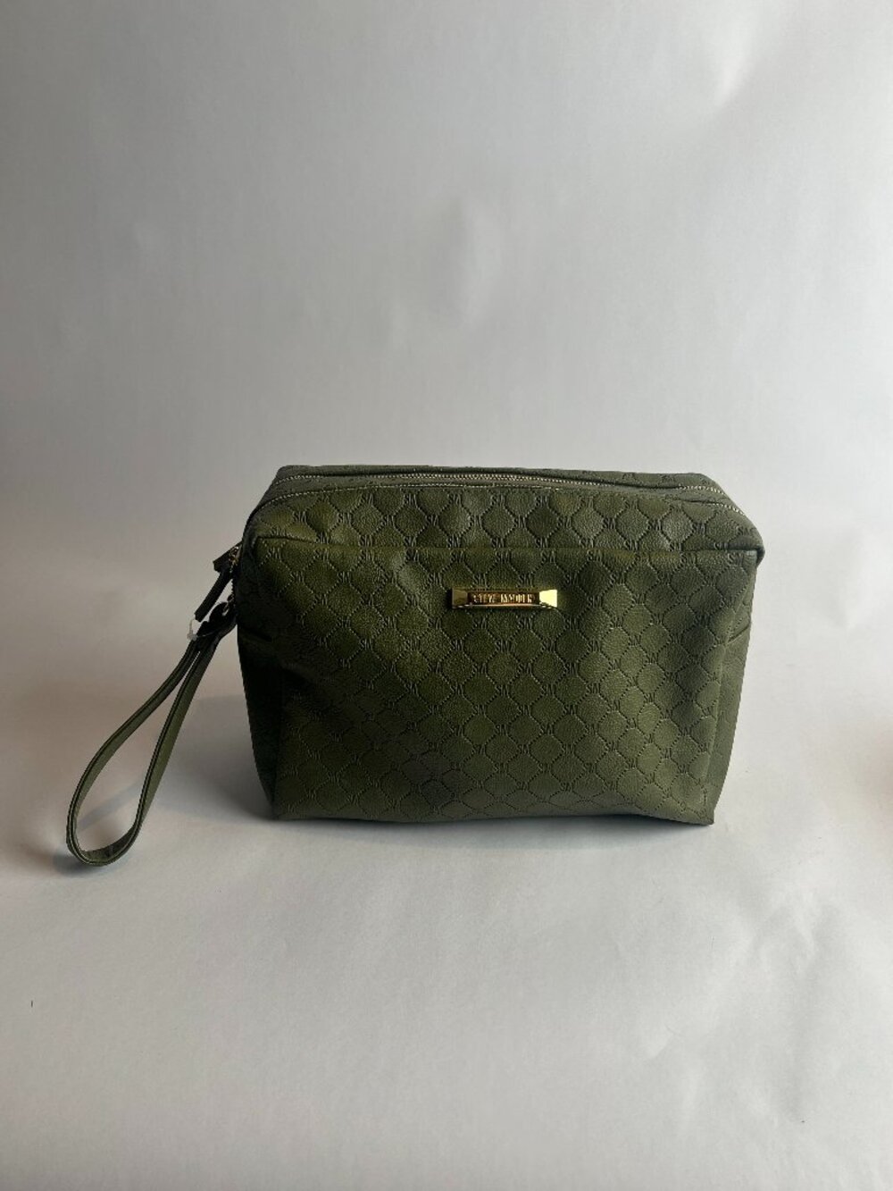 Steve Madden Olive Green Monogram Cosmetic Bag Wristlet purse/makeup